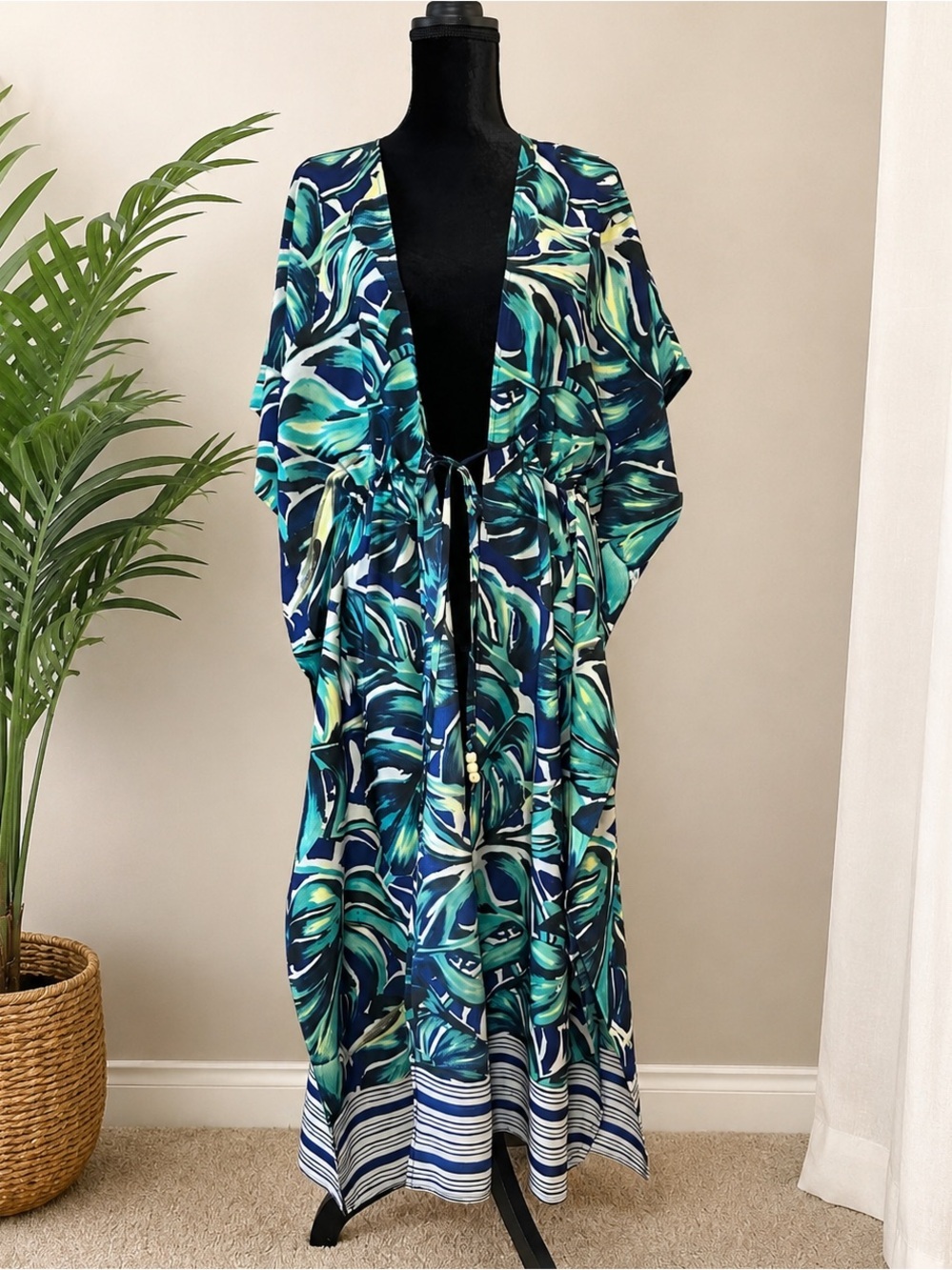 Collection XVIII Tropical Palm Print Beach Cover Up Kimono One Size - Picture 2 of 8